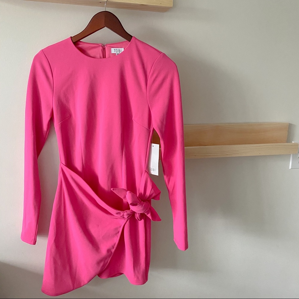 Tobi hot pink tie bow long sleeve mini dress